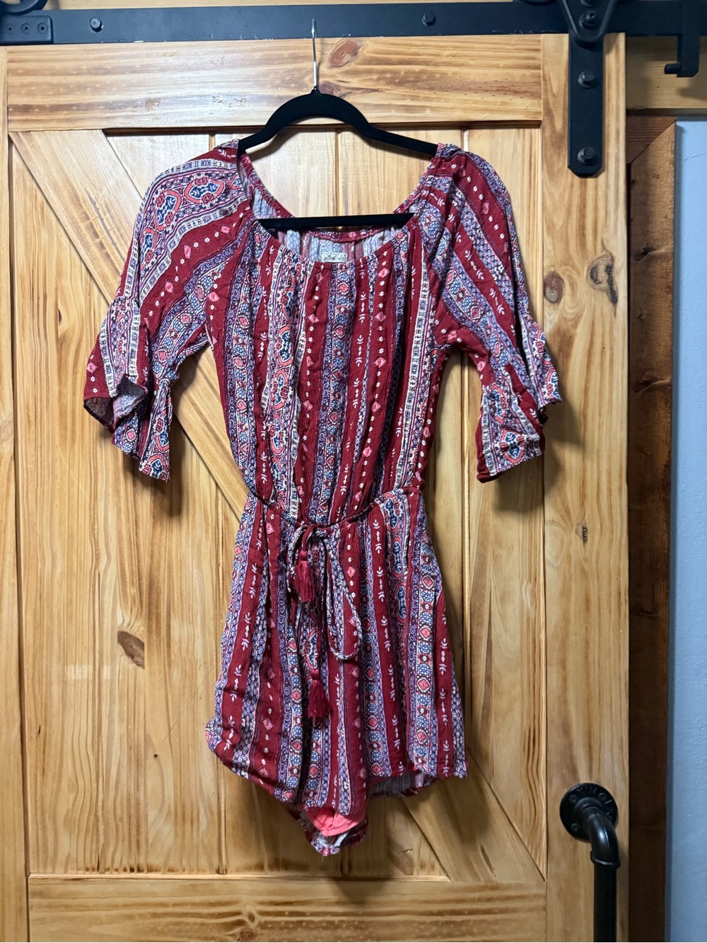 Hollister Red Paisley-Stripe Short Sleeve One-Piece Romper